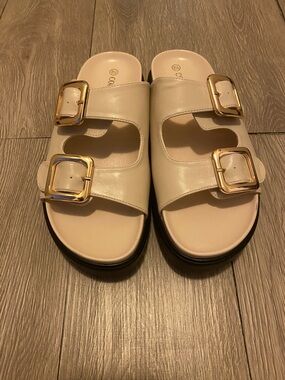 Women's Cream Double-Buckle Slide Sandals with Gold Buckles